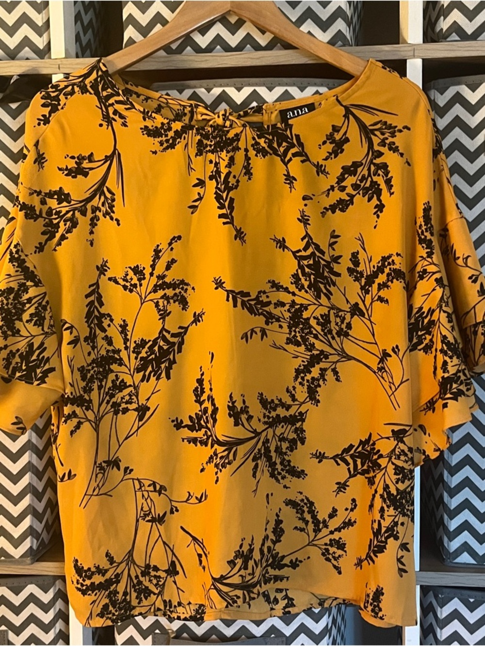 a.n.a Mustard Yellow Short Sleeve Blouse with Black Botanical Print